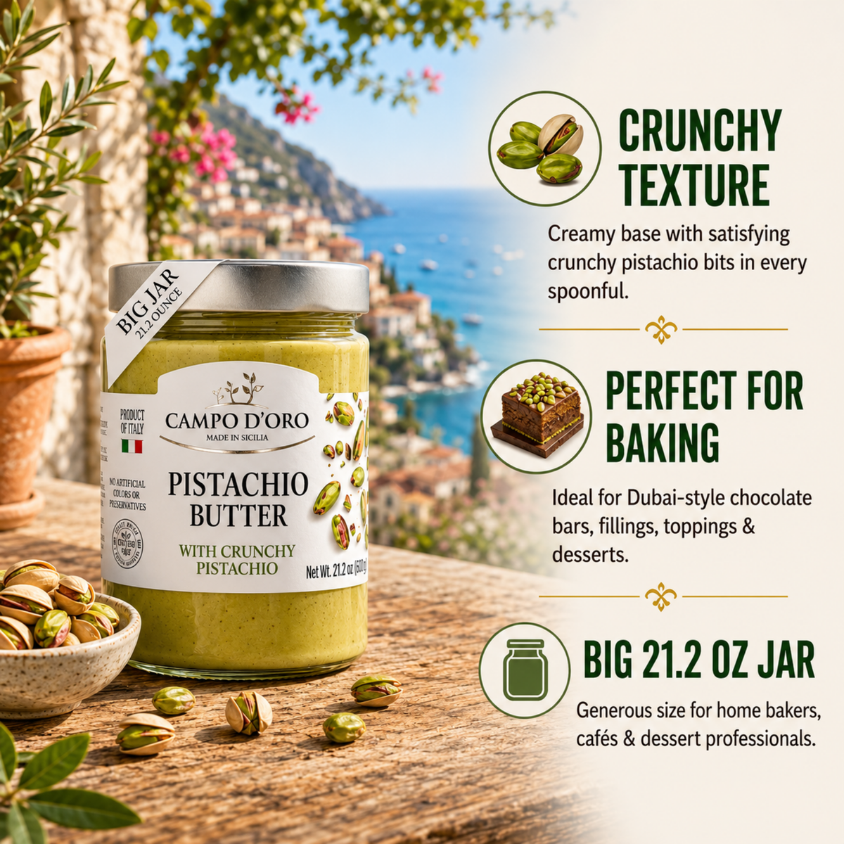 A jar of Campo d'Oro Pistachio Butter is displayed on a rustic wooden table with pistachios scattered around it, set against a scenic coastal background. The image includes three callout text panels highlighting the product's crunchy texture, its suitability for baking, and its large 21.