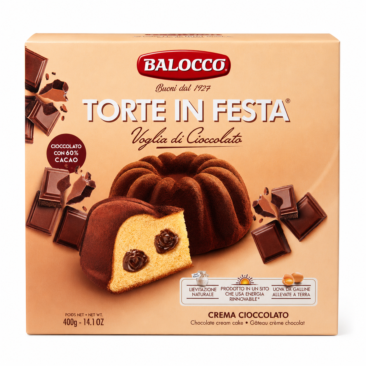 A box of Balocco Torte in Festa (Chocolato Crema Cacao) on a clean white background. The packaging features a warm beige background with illustrations of chocolate pieces and a cut-open chocolate cake showing its cream and chocolate filling.