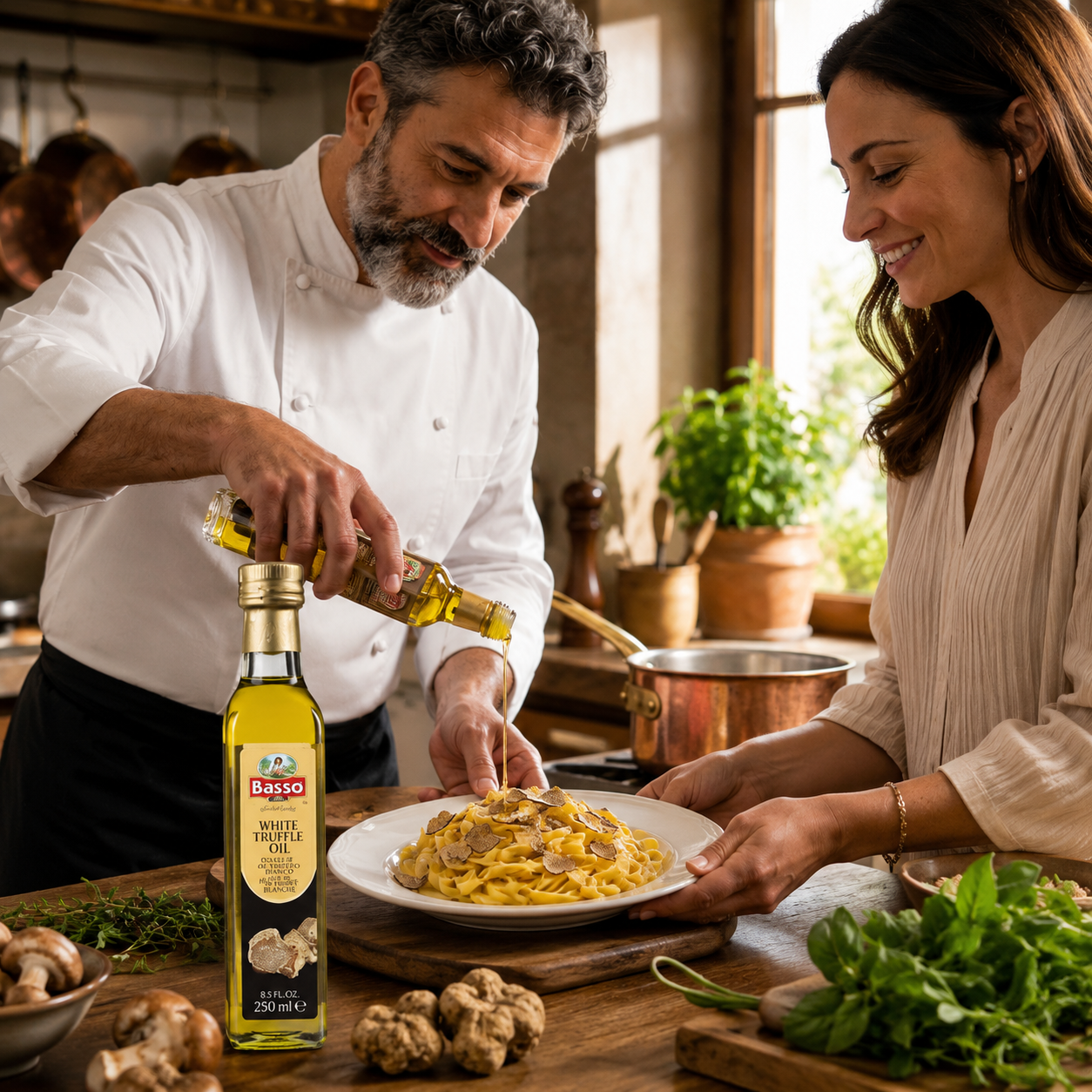 Basso White Truffle Infused Extra Virgin Olive Oil 250ml bottle with roasted potato wedges background and text Smooth on Potatoes.