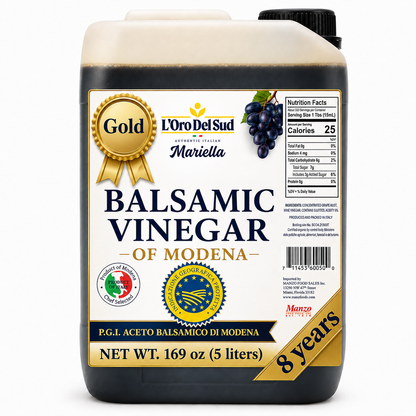 L’Oro Del Sud Mariella Gold Balsamic Vinegar of Modena, P.G.I. certified, aged 8 years, in a 5-liter container with gold award seal and nutrition facts label