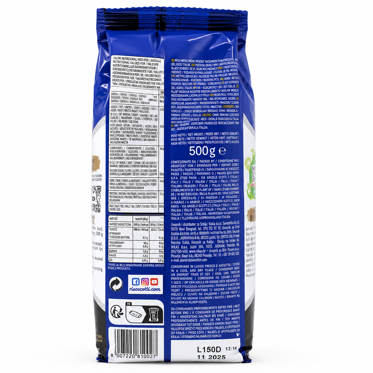 Back view of a 500g bag of Marmotadillas brand pasta, featuring detailed nutritional information, ingredients, and barcode on a white background.