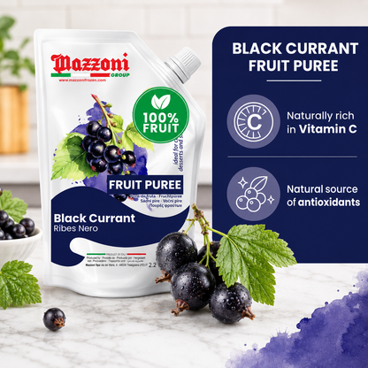 Mazzoni Black Currant Fruit Puree packaging with black currants and health benefits text on a white background.