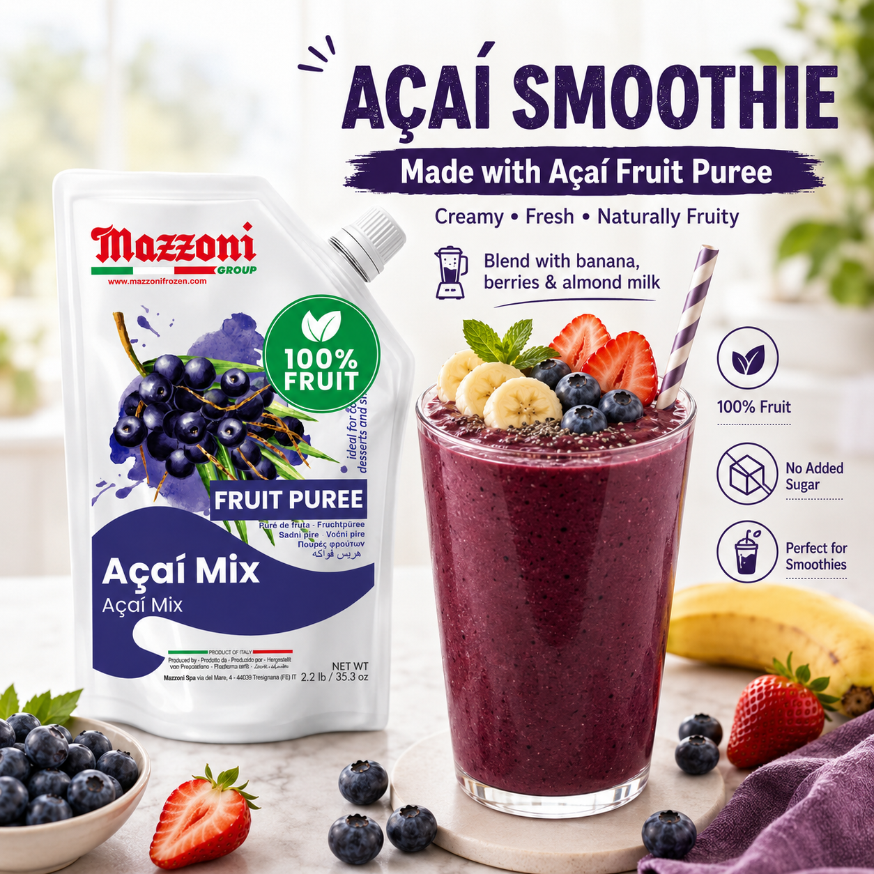 Mazzoni Acai Fruit Puree, 100% Fruit,  1 kg (2.2 lb)