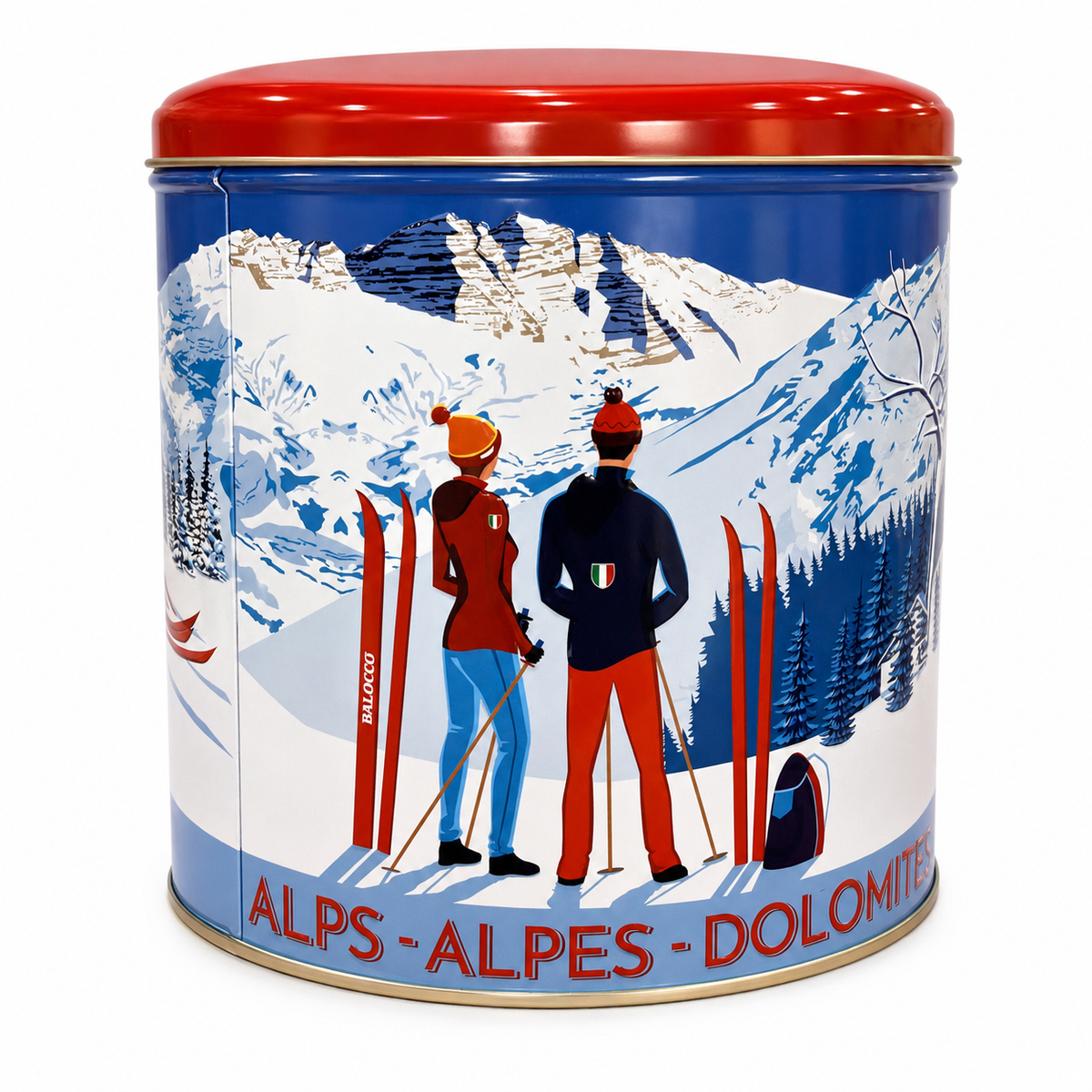 A cylindrical metal tin with a red lid, featuring a colorful alpine illustration of two skiers in front of snowy mountains. The text 'ALPS - ALPES - DOLOMIT' is printed along the bottom.