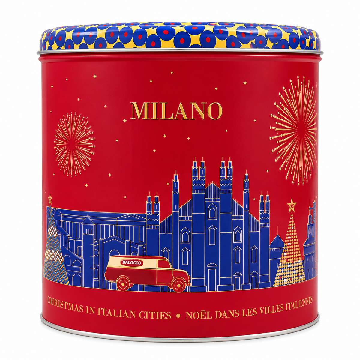A round red metal tin with a patterned lid, featuring blue and gold illustrations of Milan landmarks, fireworks, a red Vespa, and the text 'MILANO' and 'CHRISTMAS IN ITALIAN CITIES • NOÈL DANS LES VILLES ITALIENNES'.