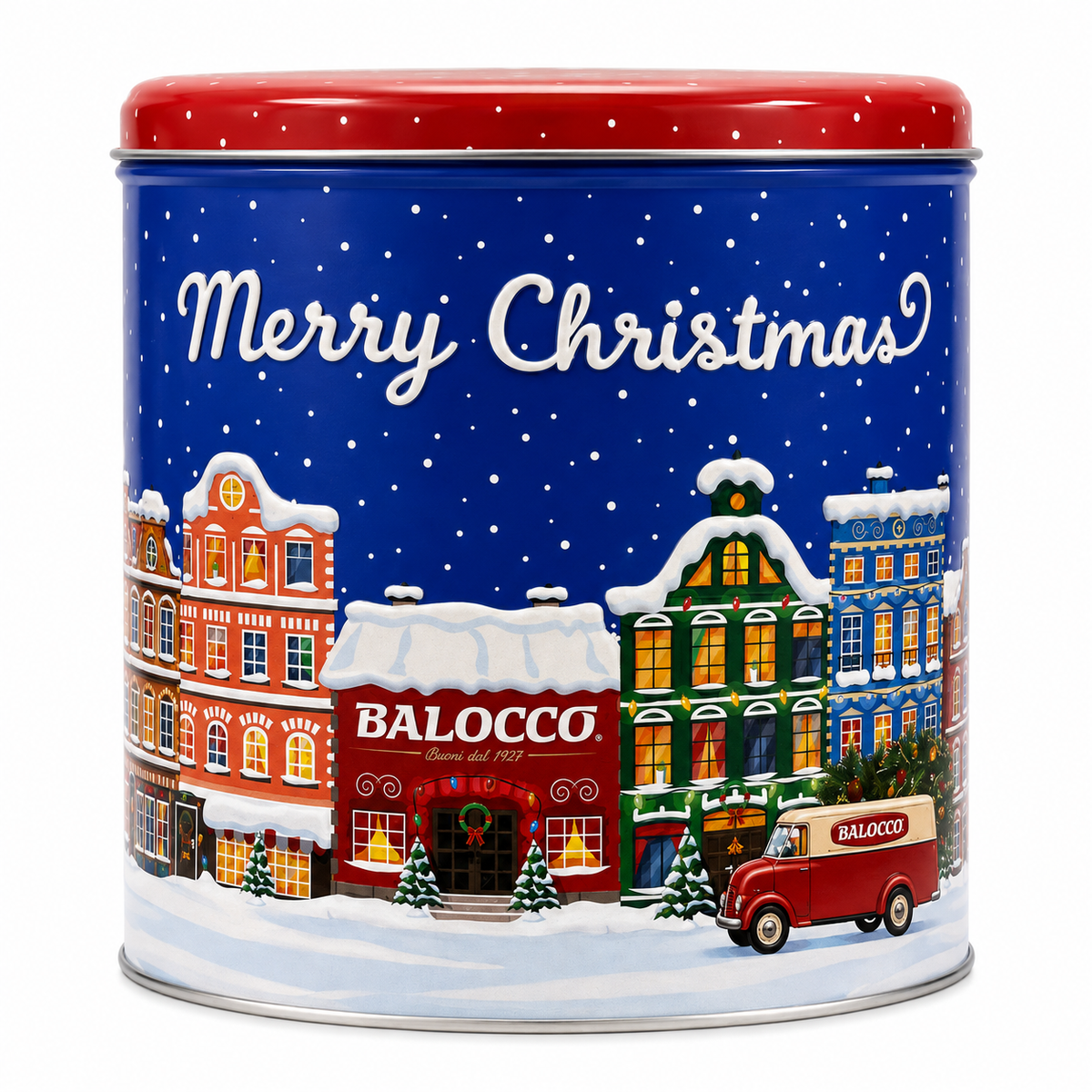 A round metal tin with a festive Christmas design, featuring a red lid, a dark blue night sky with white snowflakes, and illustrated snow-covered buildings with the word BALOCCO on the storefronts. The words 'Merry Christmas' are written in white script across the top.