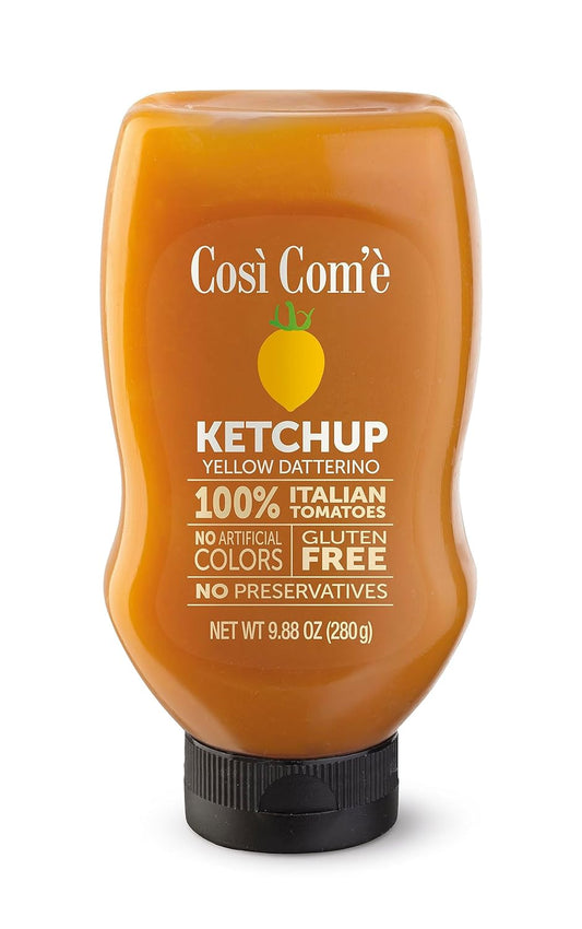 Squeeze bottle of Così Com’è Italian Yellow Tomato Ketchup, 280 g (9.88 oz), made with 100% Italian yellow datterino tomatoes. Naturally sweet, low in acidity, gluten-free, with no preservatives or artificial colors. Perfect for fries, burgers, sandwiches, and gourmet recipes