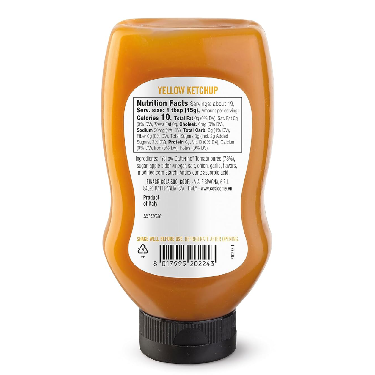 Back label of Così Com’è Italian Yellow Tomato Ketchup, 280 g (9.88 oz), showing nutrition facts and ingredients. Contains 78% yellow Datterino tomato purée, apple cider vinegar, onion, garlic, flavors, sugar, salt, and ascorbic acid. Gluten-free, no preservatives, made in Italy