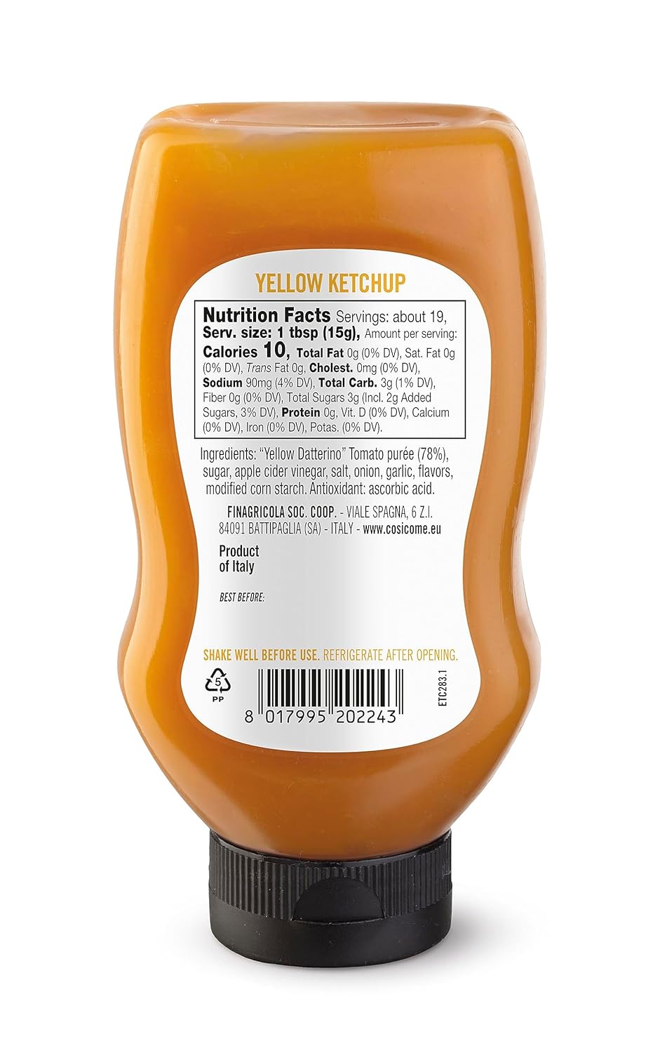 Back label of Così Com’è Italian Yellow Tomato Ketchup, 280 g (9.88 oz), showing nutrition facts and ingredients. Contains 78% yellow Datterino tomato purée, apple cider vinegar, onion, garlic, flavors, sugar, salt, and ascorbic acid. Gluten-free, no preservatives, made in Italy