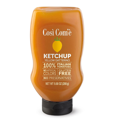 Squeeze bottle of Così Com’è Italian Yellow Tomato Ketchup, 280 g (9.88 oz), made with 100% Italian yellow datterino tomatoes. Naturally sweet, low in acidity, gluten-free, with no preservatives or artificial colors. Perfect for fries, burgers, sandwiches, and gourmet recipes