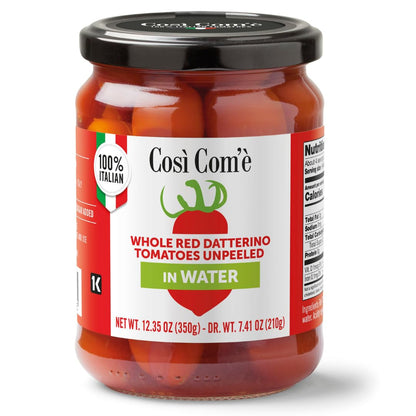 Jar of Così Com’è Datterino Red Tomatoes unpeeled in water, 12.3 oz (350 g), featuring whole red tomatoes preserved in water. Premium Italian tomatoes with naturally sweet flavor, low acidity, and no additives or preservatives, ideal for sauces, pizza, bruschetta, and Mediterranean recipes.