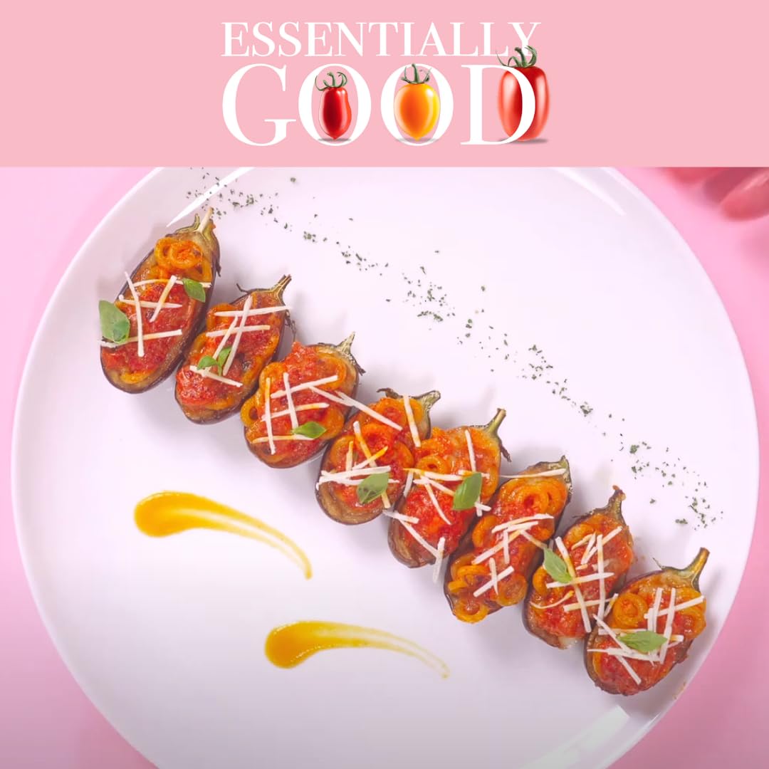 Stuffed mini eggplants with tomato sauce, cheese, and herbs, plated with yellow sauce swirls on a white dish over pink background.