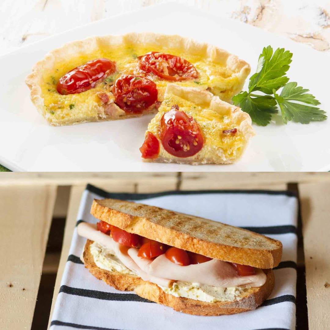 Delicious Italian dishes featuring red Datterino tomatoes: a savory quiche with baked tomatoes and parsley garnish, and a gourmet sandwich with turkey, cream cheese, and fresh tomatoes on toasted bread.
