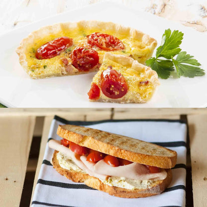 Delicious Italian dishes featuring red Datterino tomatoes: a savory quiche with baked tomatoes and parsley garnish, and a gourmet sandwich with turkey, cream cheese, and fresh tomatoes on toasted bread.