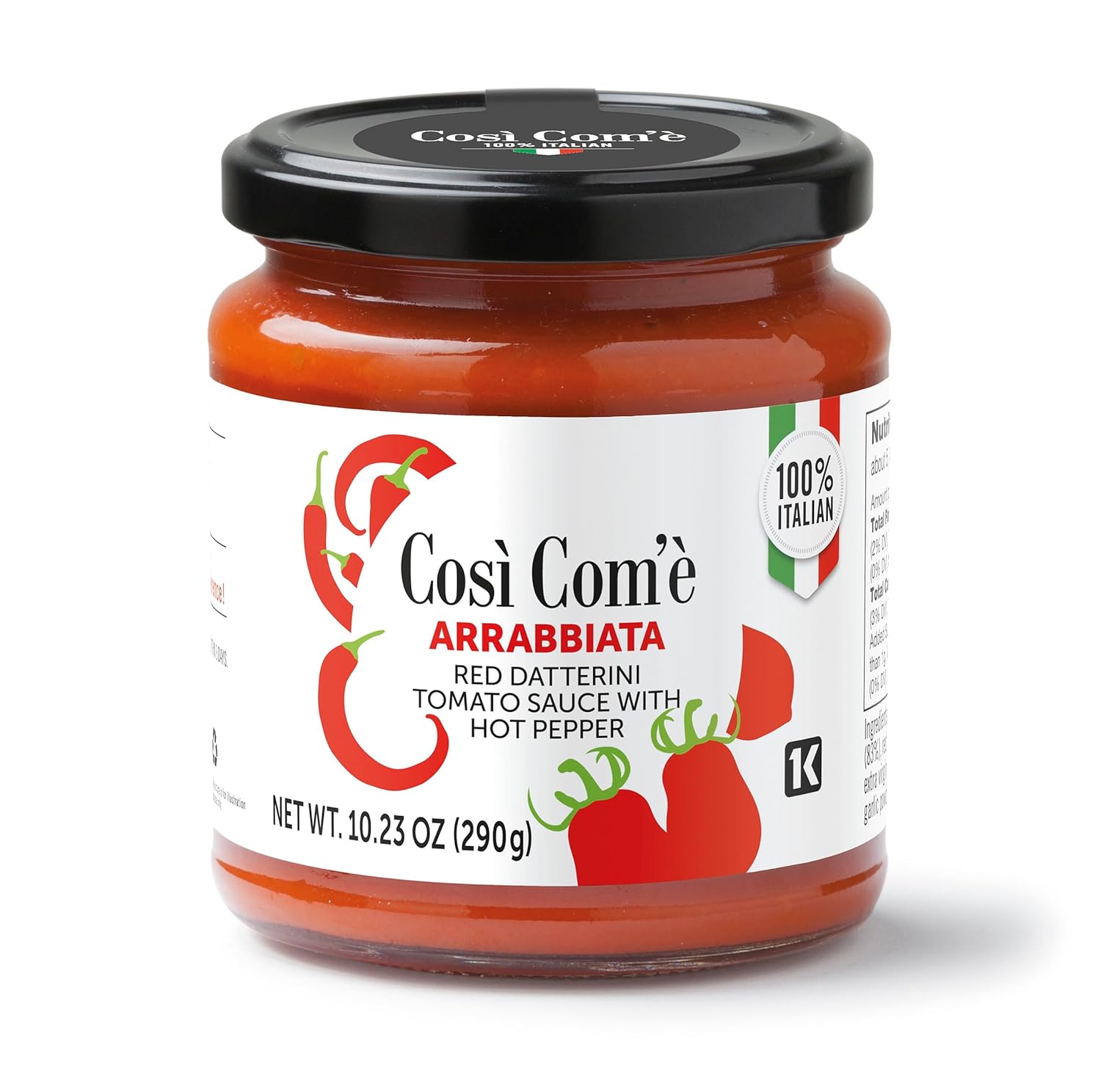 Così Com’è Spicy Red Datterino Tomato Sauce with chili pepper in 10.23 oz (290 g) glass jar, authentic Italian Arrabbiata-style sauce made with 100% Italian tomatoes and Calabrian chili peppers.
