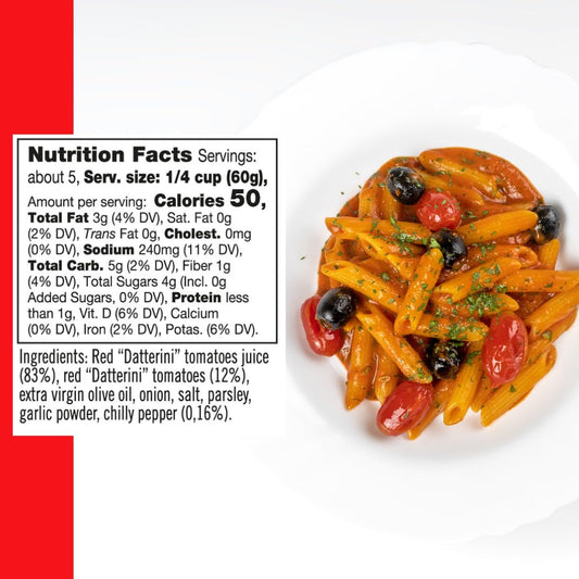 Così Com’è Spicy Red Datterino Tomato Sauce nutrition facts label with ingredients list and serving details, alongside a plate of penne pasta with cherry tomatoes, black olives, and parsley in Arrabbiata-style sauce.