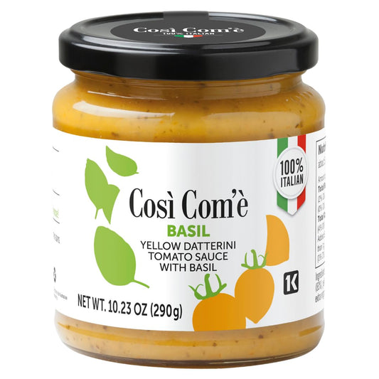 Jar of Così Com’è Yellow Datterino Tomato Sauce with Basil, 100% Italian, 10.23 oz (290 g), featuring naturally sweet yellow tomatoes and aromatic basil.