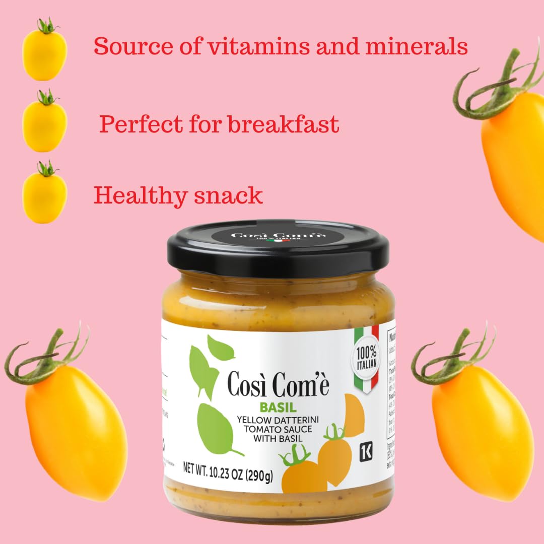 Così Com’è Yellow Datterino Tomato Sauce with Basil, 10.23 oz (290 g) jar on a pink background with illustrations of yellow Datterino tomatoes and text highlighting benefits: source of vitamins and minerals, perfect for breakfast, and a healthy snack.