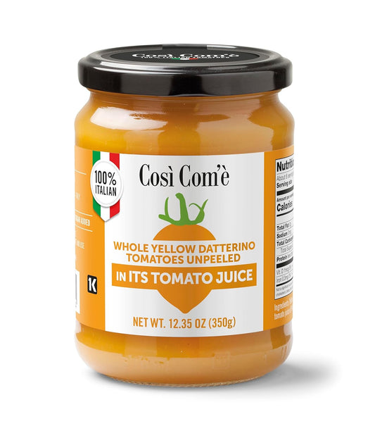Jar of Così Com’è Italian Yellow Datterino Tomatoes unpeeled in their own juice, 12.3 oz (350 g). Premium golden tomatoes, naturally sweet, low in acidity, and packed in juice to preserve authentic Mediterranean flavor.