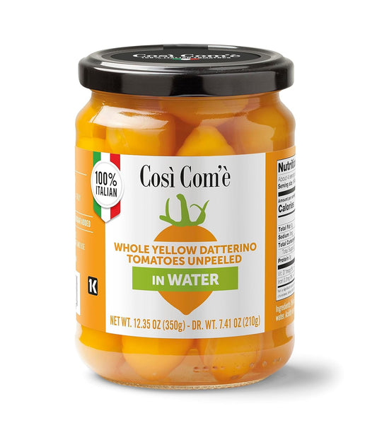 Jar of Così Com’è Whole Yellow Datterino Tomatoes unpeeled in water (12.35 oz / 350 g). Naturally sweet, low-acid, 100% Italian, Non-GMO, with no preservatives or additives. Perfect for pizza, pasta, and seafood dishes.