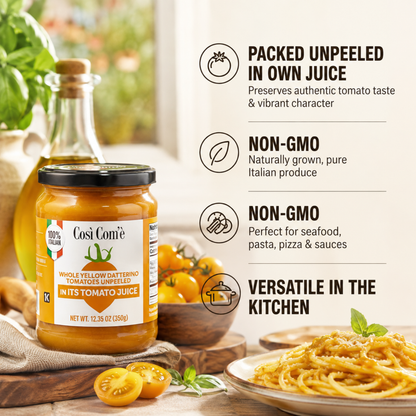 Così Com’è, Italian Yellow Datterino Tomatoes Unpeeled in Own Juice – 12.3 oz (350 g)