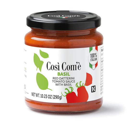 Glass jar of Così Com’è Red Datterino Tomato Sauce with Basil, 100% Italian tomatoes blended with fresh basil, 10.23 oz (290 g). Perfect for pasta, seafood, and authentic Italian recipes.