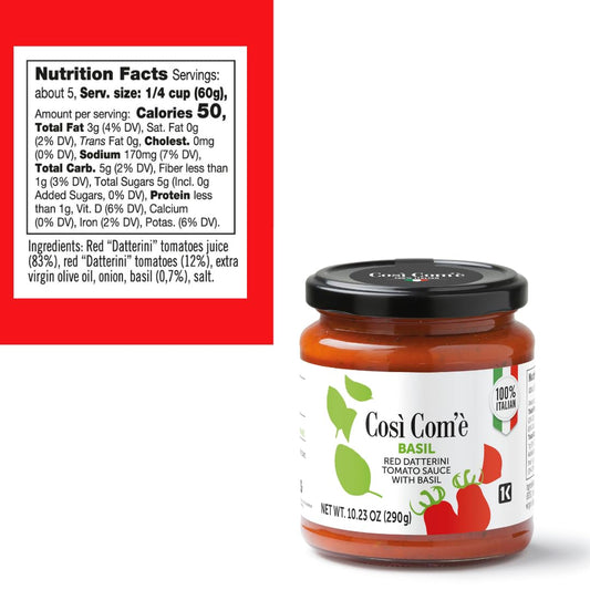 Così Com’è Red Datterino Tomato Sauce with Basil jar (10.23 oz / 290 g) shown with nutrition facts and ingredients label. Made with red Datterino tomatoes, extra virgin olive oil, onion, basil, and salt.