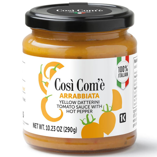 Close-up of Così Com’è Yellow Arrabbiata Pasta Sauce jar, made with Italian yellow Datterino tomatoes and chili peppers, 10.23 oz (290 g).