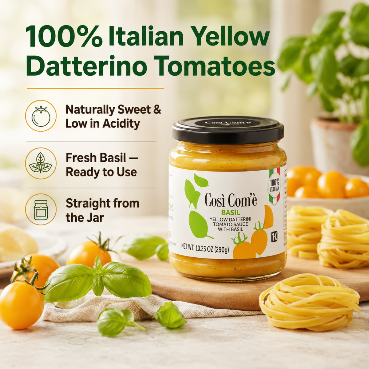 Così Com’è, Yellow Tomato Pasta Sauce with Basil – 10.23 oz (290 g)