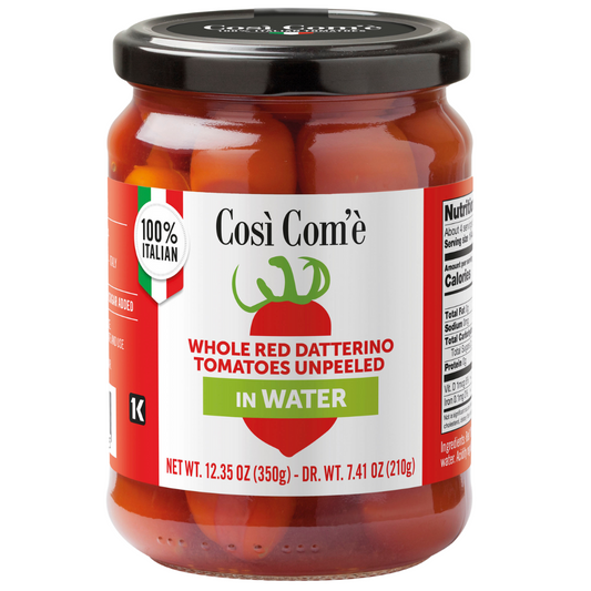 A jar of Cosi Com'e whole red Datterino tomatoes unpeeled in water. The label shows the brand name, product name, weight, and indication that the product is 100% Italian.