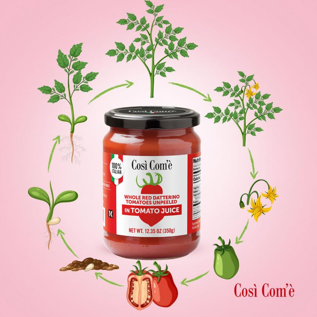Jar of Così Com’è Whole Red Datterino Tomatoes in Tomato Juice (12.35 oz / 350 g) surrounded by illustrated growth cycle of the tomato plant, from seed in soil to sprout, plant, flowering stage, green tomato, ripe red tomato, and finally the packaged product, on a pink background.