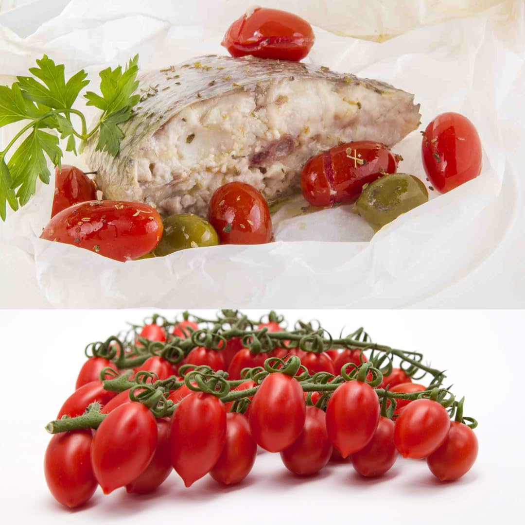 Fresh red Datterino tomatoes on the vine, displayed below a plated dish of baked fish fillet garnished with olives, parsley, and roasted Datterino tomatoes.