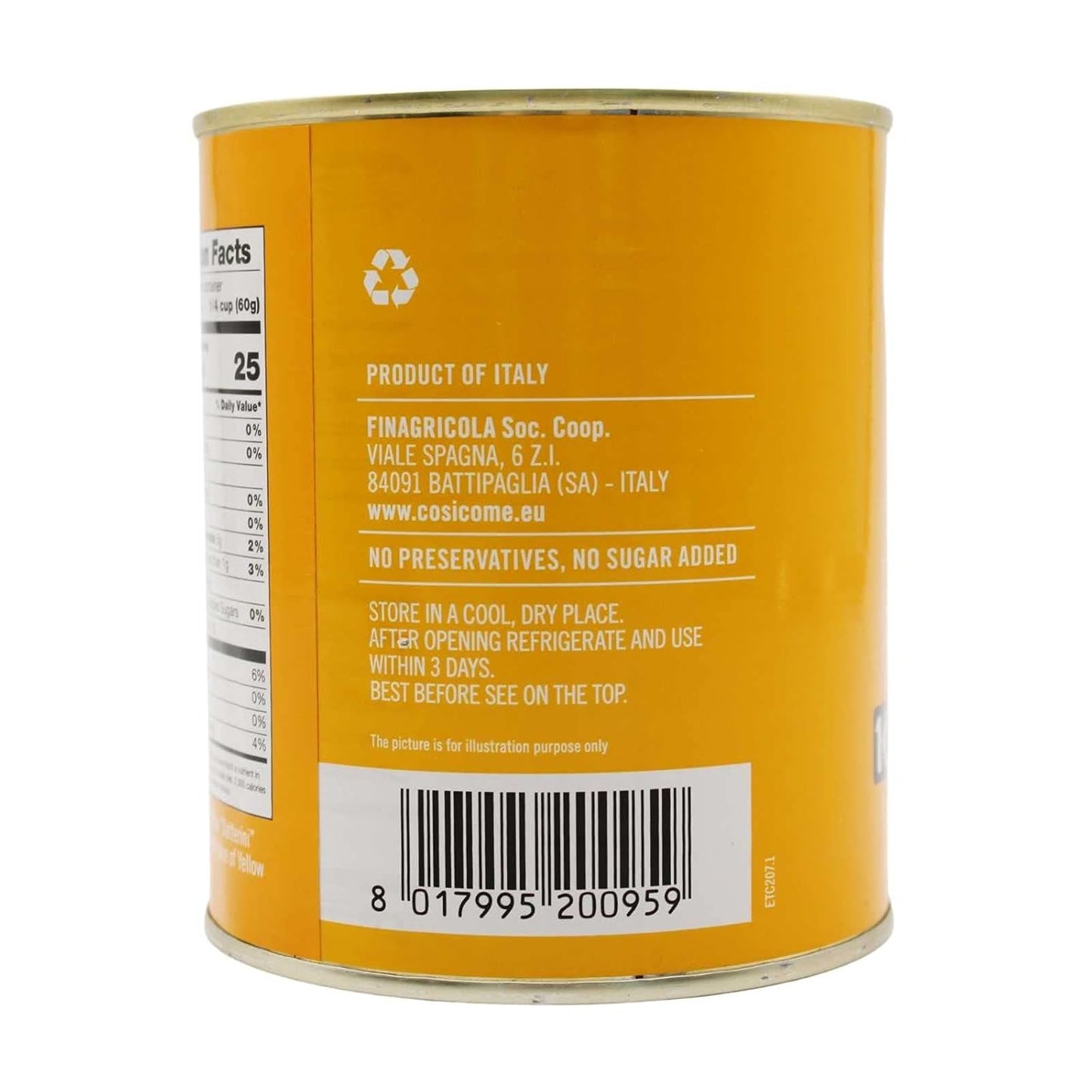 Back view of a can of Così Com’è Whole Yellow Datterino Tomatoes with detailed product information. The label includes nutritional facts, serving size, calories, and storage instructions. Text highlights: Product of Italy, No Preservatives, No Sugar Added. The can features the producer’s details (Finagricola Soc. Coop, Battipaglia, Italy) and a barcode at the bottom.