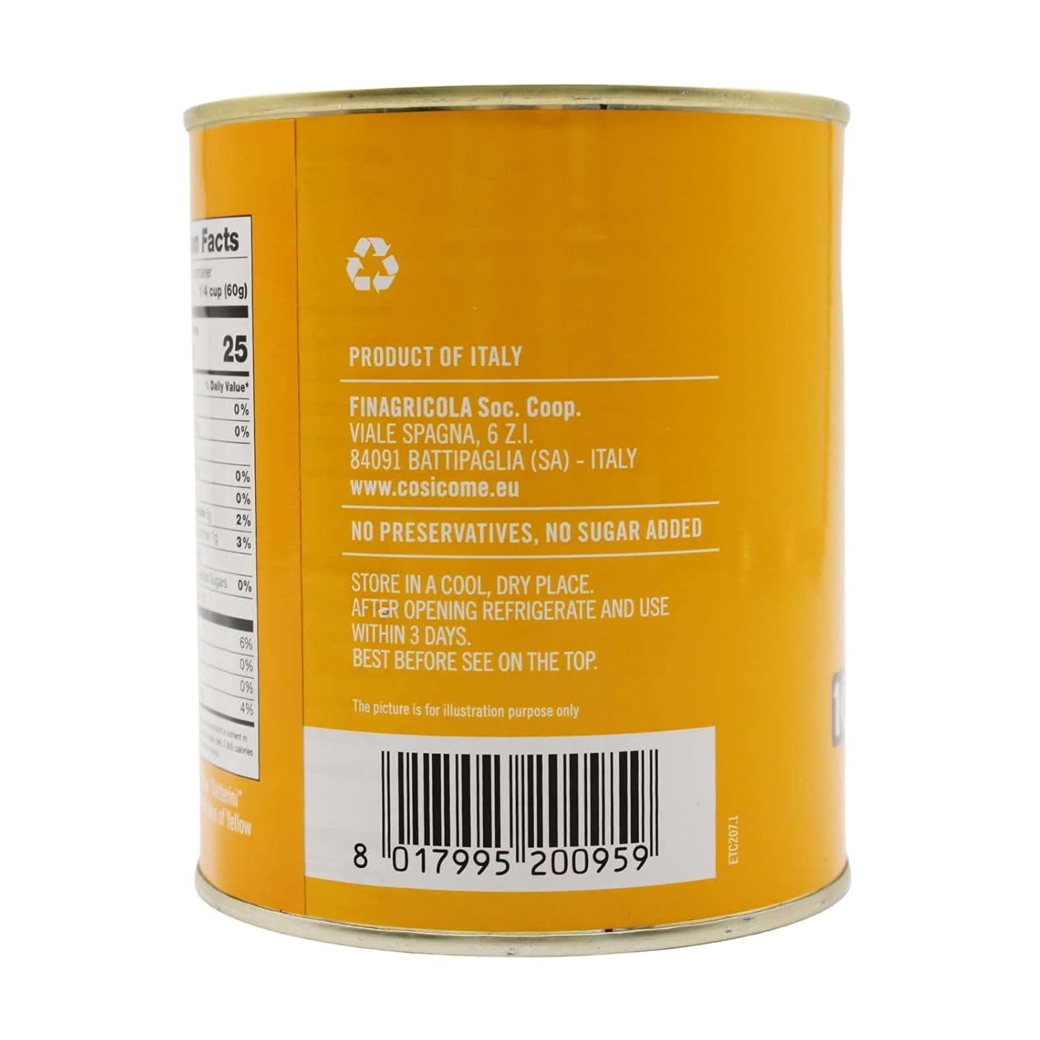 Back view of a can of Così Com’è Whole Yellow Datterino Tomatoes with detailed product information. The label includes nutritional facts, serving size, calories, and storage instructions. Text highlights: Product of Italy, No Preservatives, No Sugar Added. The can features the producer’s details (Finagricola Soc. Coop, Battipaglia, Italy) and a barcode at the bottom.