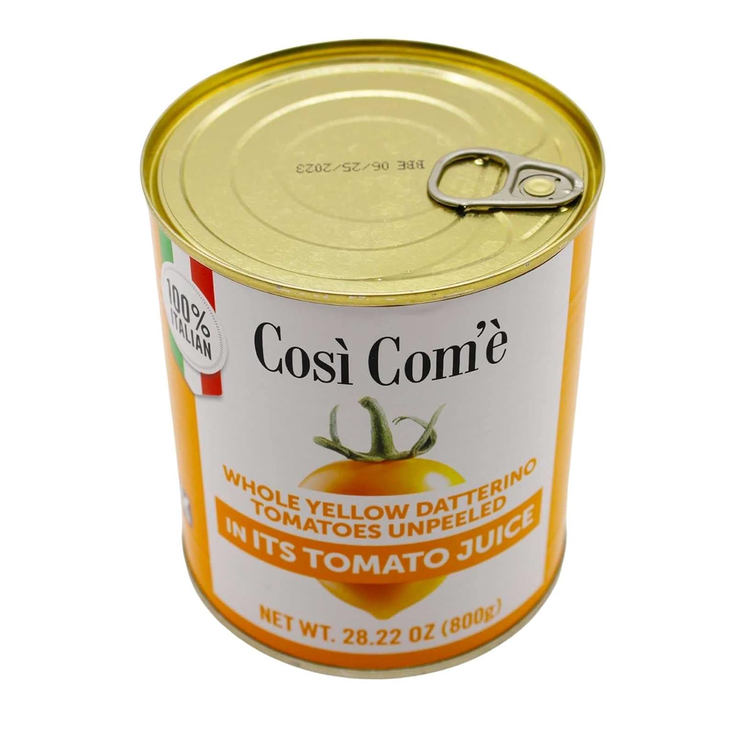 Can of Così Com’è Whole Yellow Datterino Tomatoes Unpeeled in Tomato Juice (800g). The label highlights that the product is 100% Italian, featuring a golden-yellow tomato illustration.