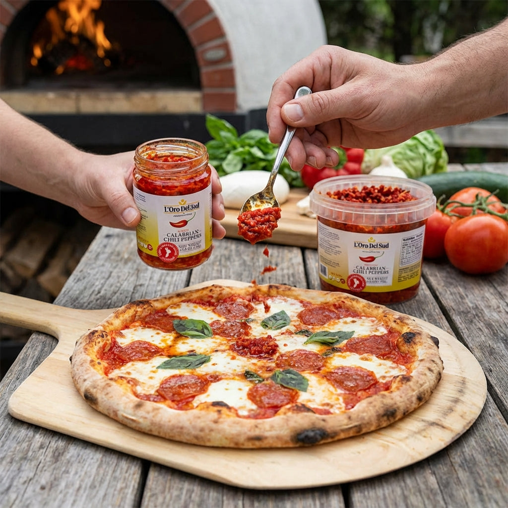 Person spreading sauce from a jar onto a pizza with a wooden board outdoors.