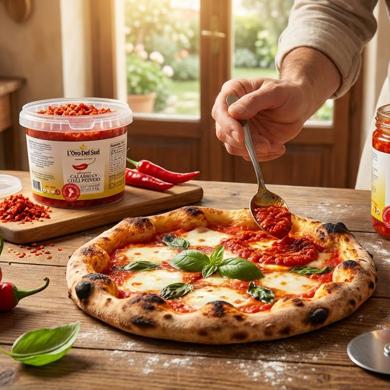 Person topping a pizza with red sauce on a wooden table, with L'Oro Del Sud product in the background.