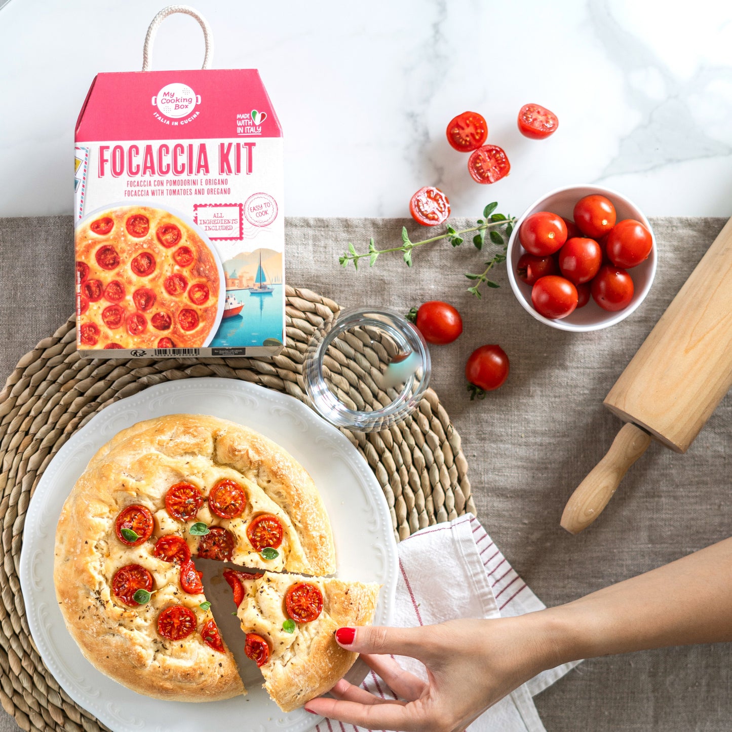 My Cooking Box, Focaccia Mix Kit - Authentic Focaccia Barese with Tomatoes - Gourmet Italian Dinner Kit - Serves 2/3