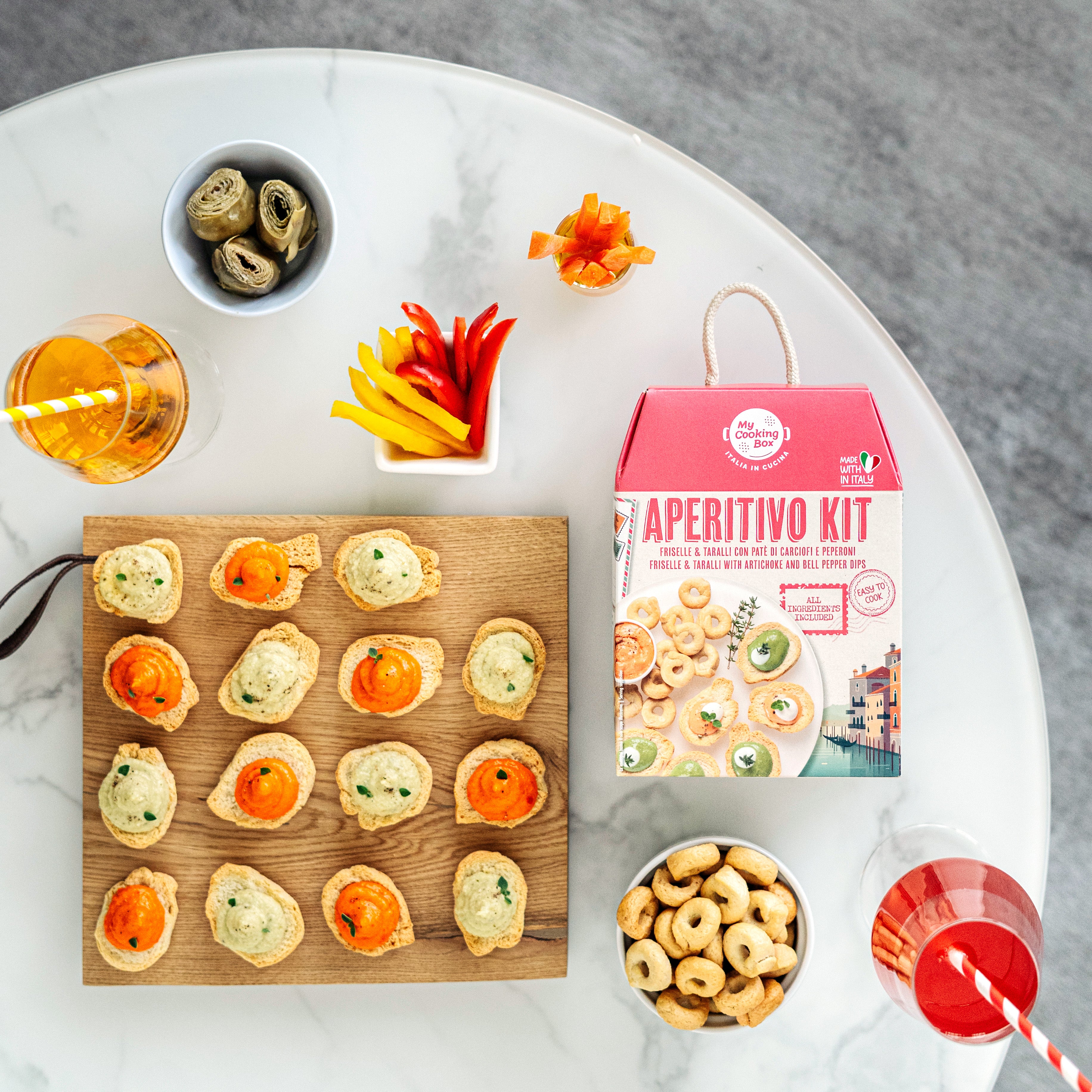 My Cooking Box - Aperitivo Kit Freiselle &amp; Taralli with Artichoke and Pepper Dips - Authentic Italian Appetizer Kit - Serves 2/3