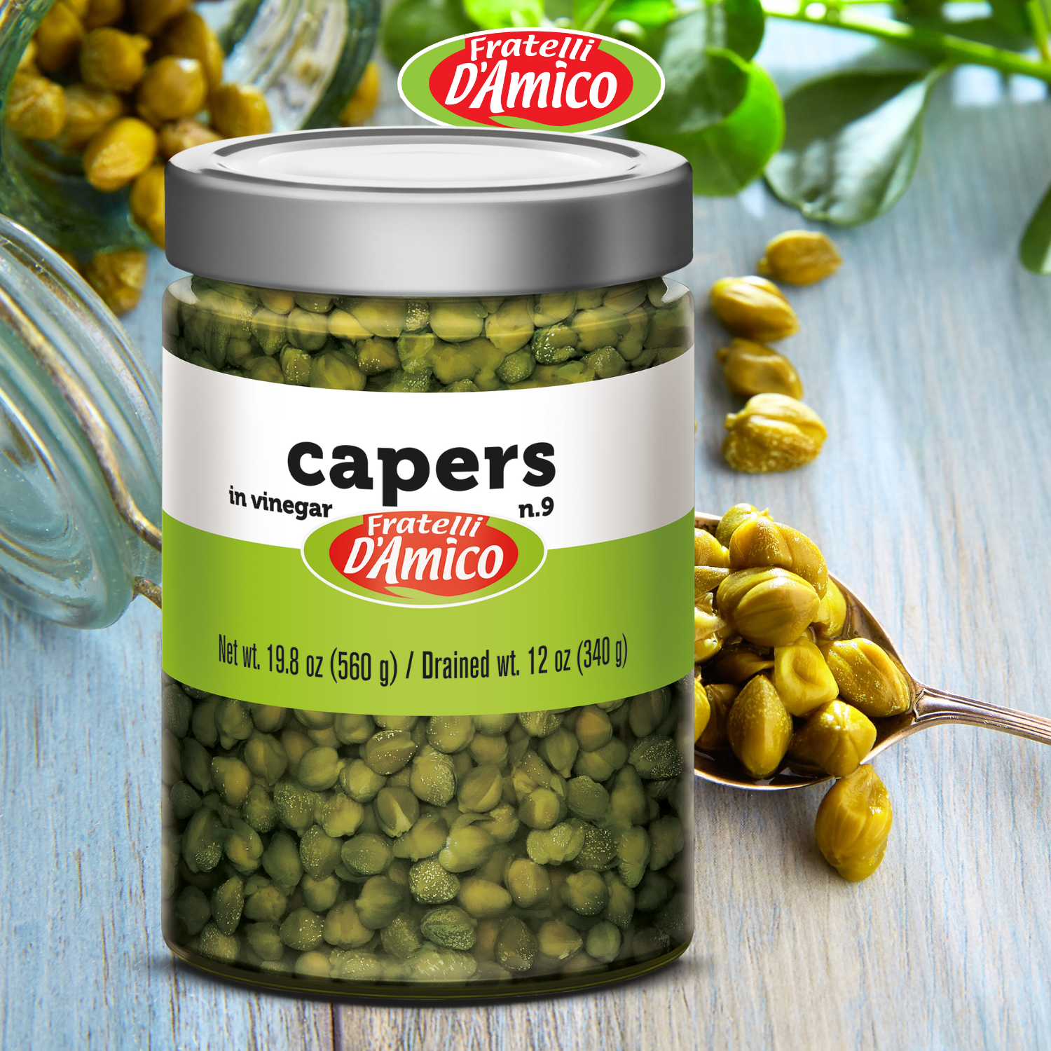 Fratelli D'Amico Capers in Vinegar, Pickles no 9, Net wt. 19.5oz (580g).