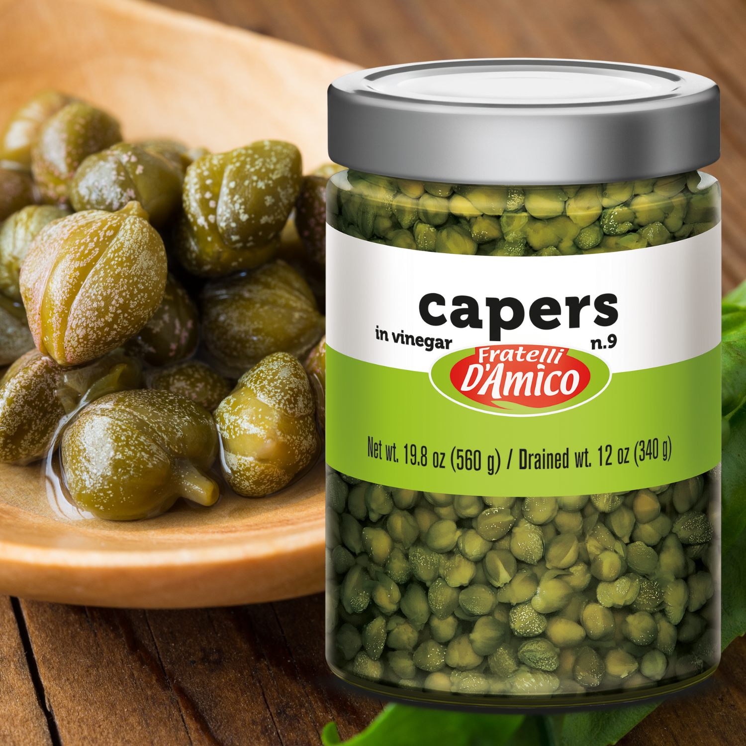 Fratelli D'Amico Capers in Vinegar, Pickles no 9, Net wt. 19.5oz (580g).