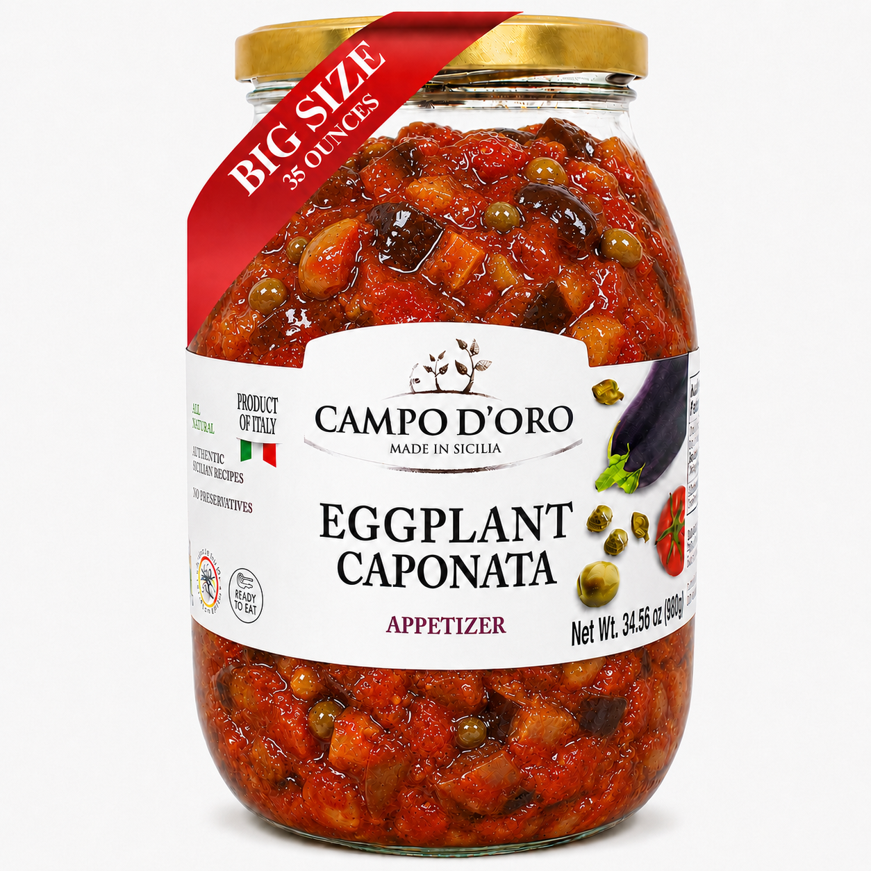 Jar of Campo D’Oro Sicilian eggplant caponata appetizer 978g traditional Italian antipasto big size jar