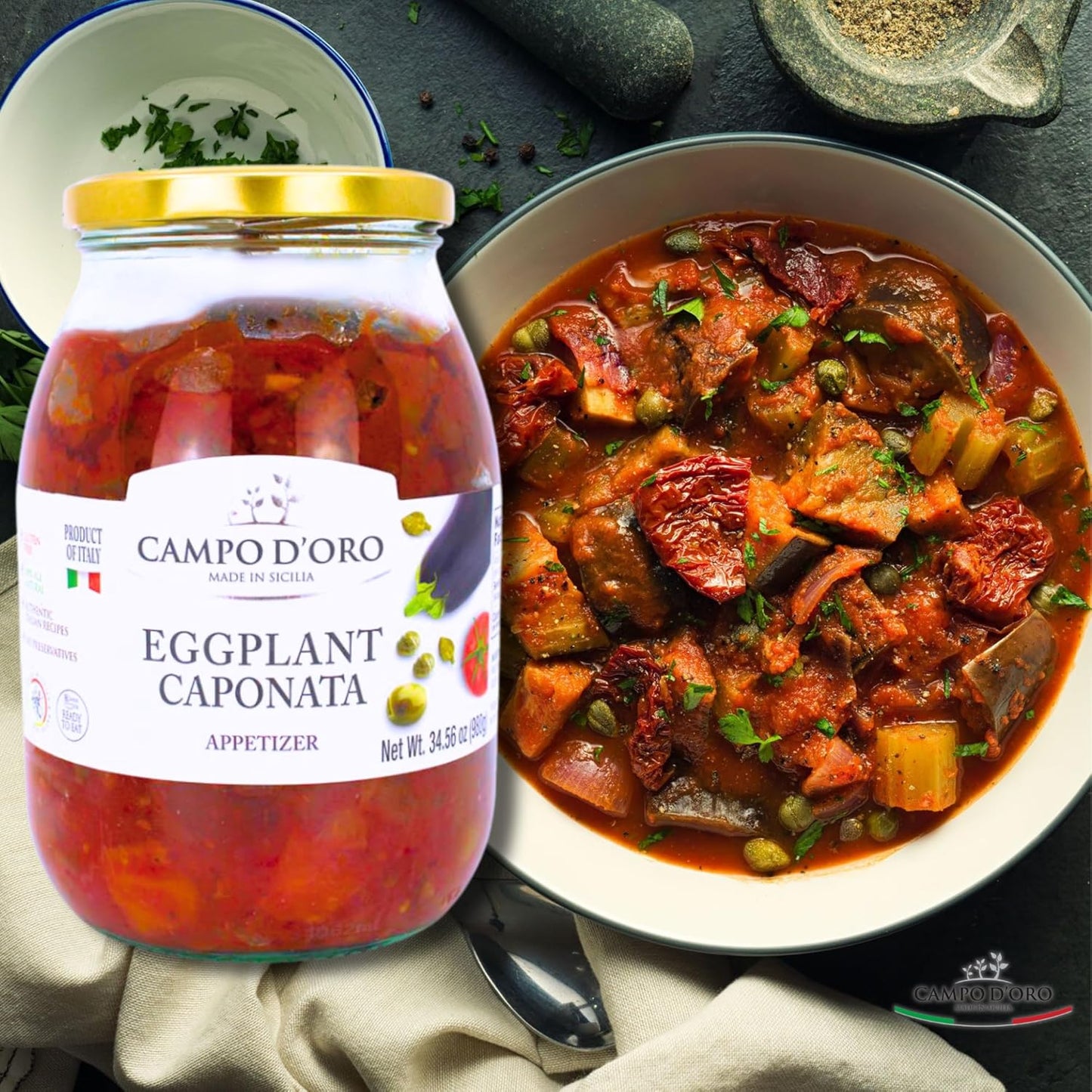 Jar of Campo D’Oro Sicilian eggplant caponata appetizer 978g traditional Italian antipasto big size jar