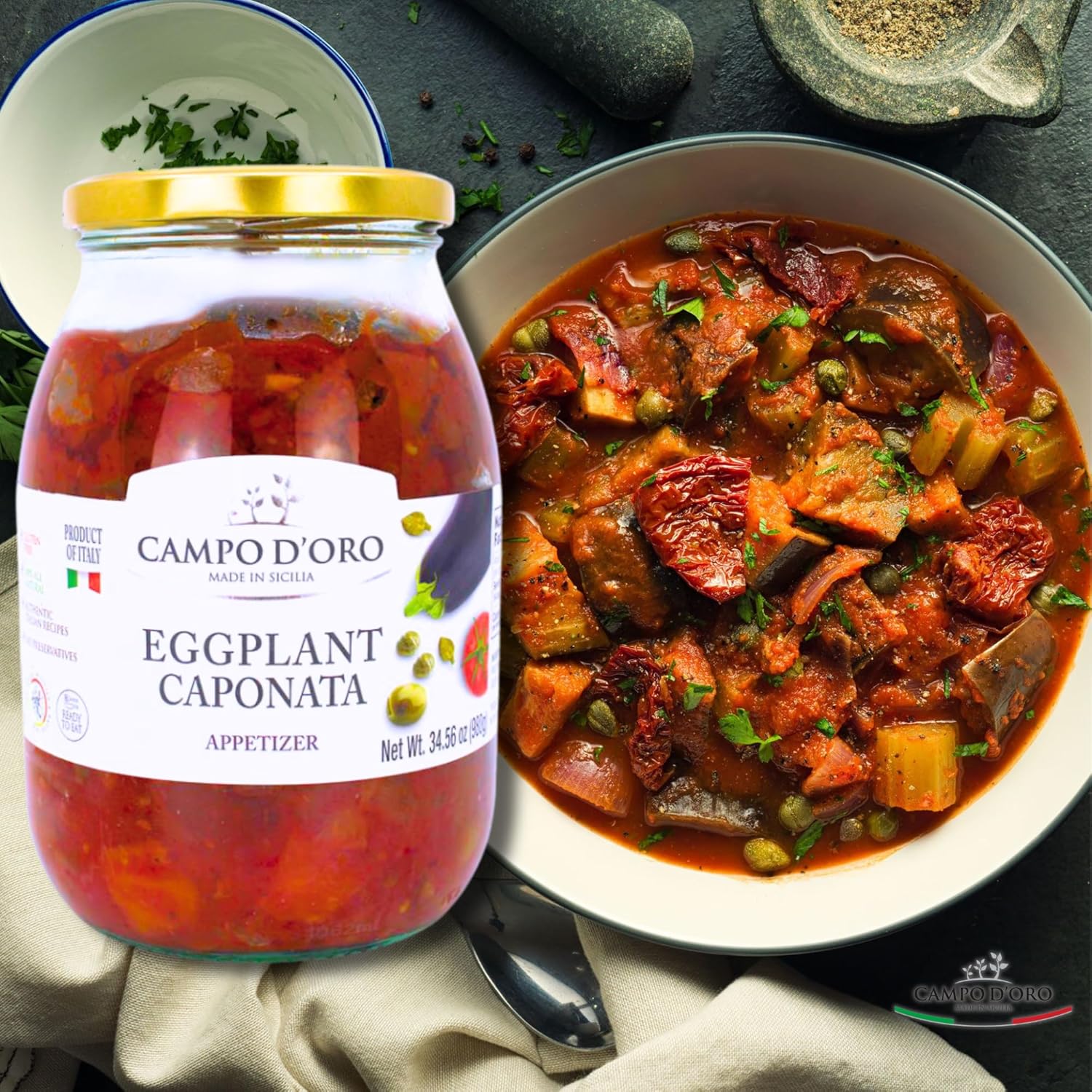 Jar of Campo D’Oro Sicilian eggplant caponata appetizer 978g traditional Italian antipasto big size jar