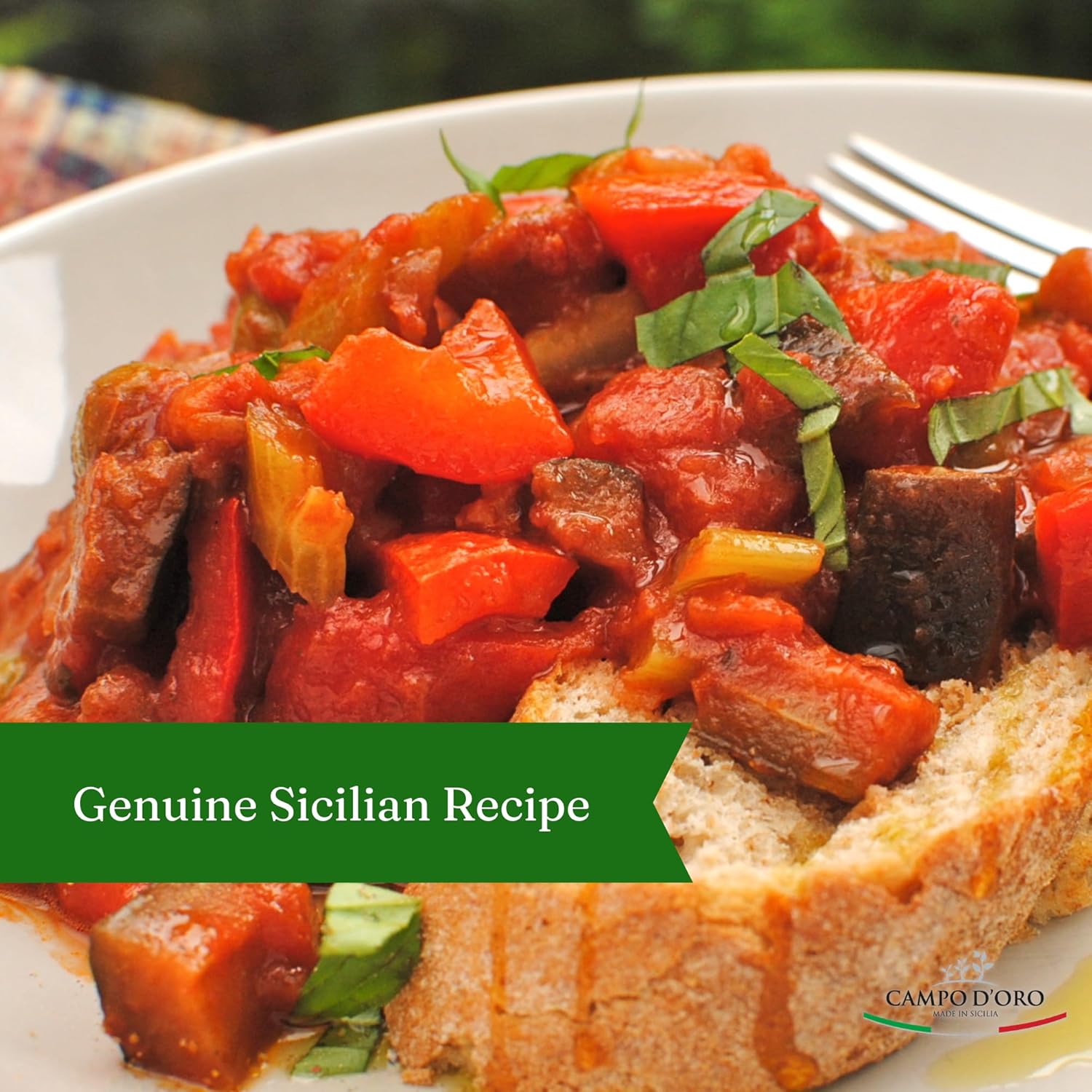 Jar of Campo D’Oro Sicilian eggplant caponata appetizer 978g traditional Italian antipasto big size jar
