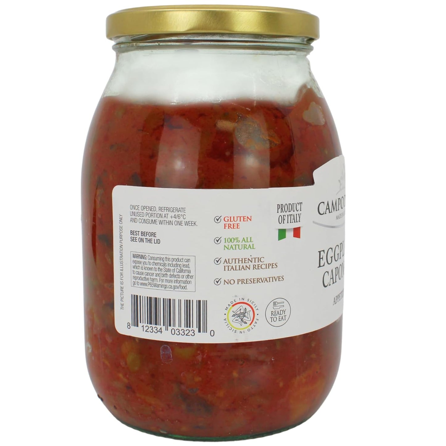 Jar of Campo D’Oro Sicilian eggplant caponata appetizer 978g traditional Italian antipasto big size jar