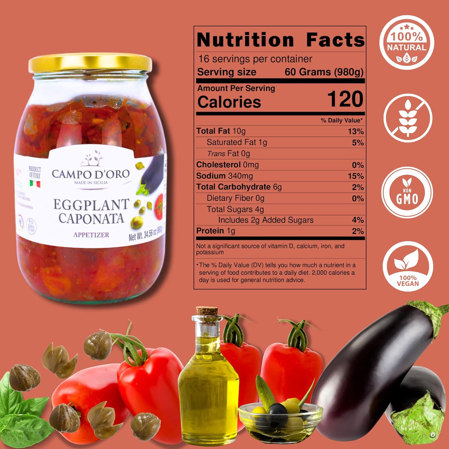 Jar of Campo D’Oro Sicilian eggplant caponata appetizer 978g traditional Italian antipasto big size jar
