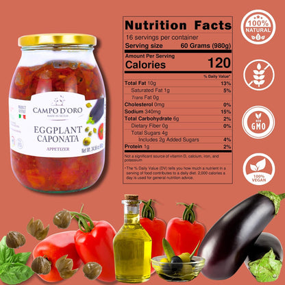 Jar of Campo D’Oro Sicilian eggplant caponata appetizer 978g traditional Italian antipasto big size jar