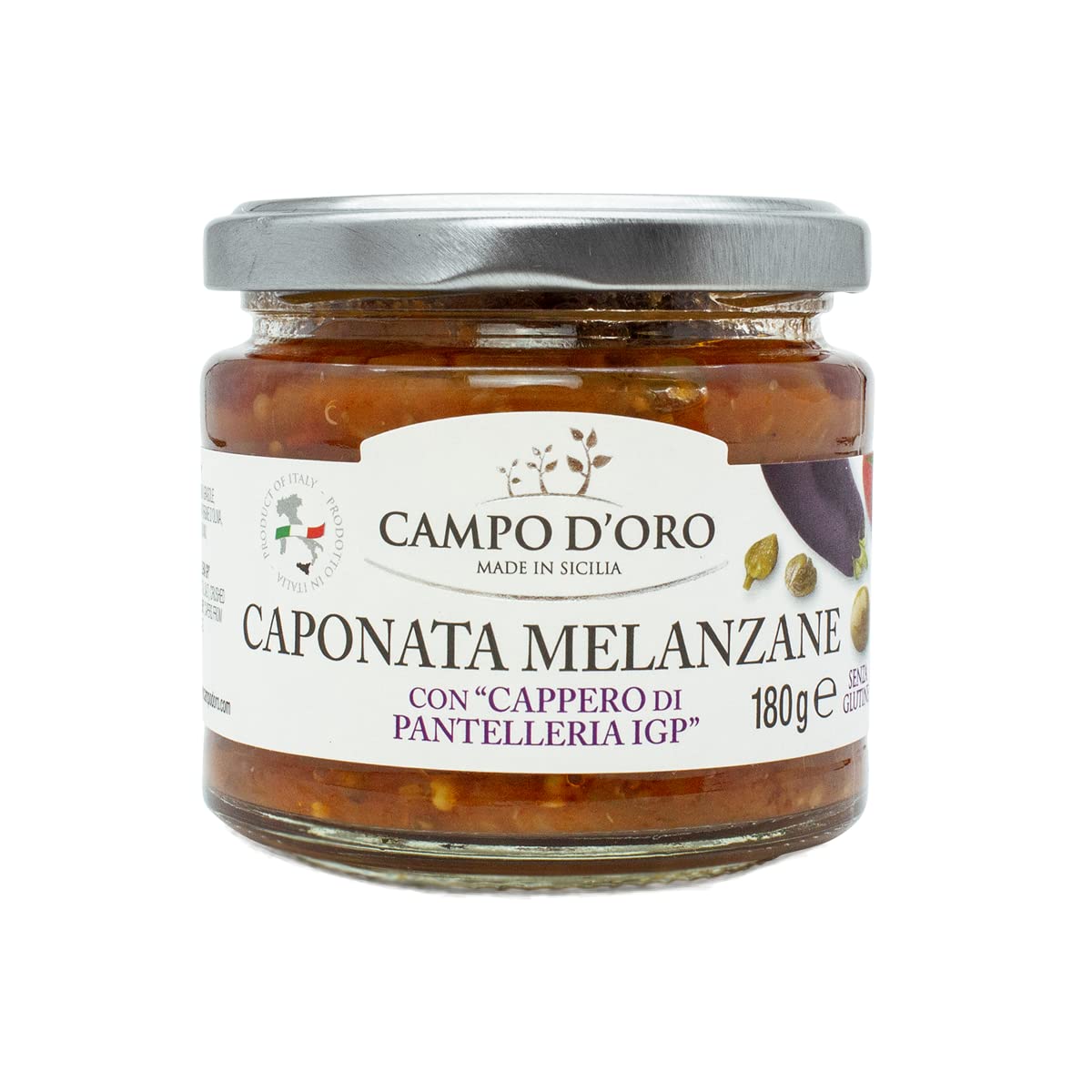 Jar of Campo D’Oro eggplant caponata with Pantelleria capers 180g authentic Sicilian appetizer made in Italy