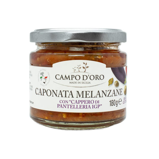 Jar of Campo D’Oro eggplant caponata with Pantelleria capers 180g authentic Sicilian appetizer made in Italy